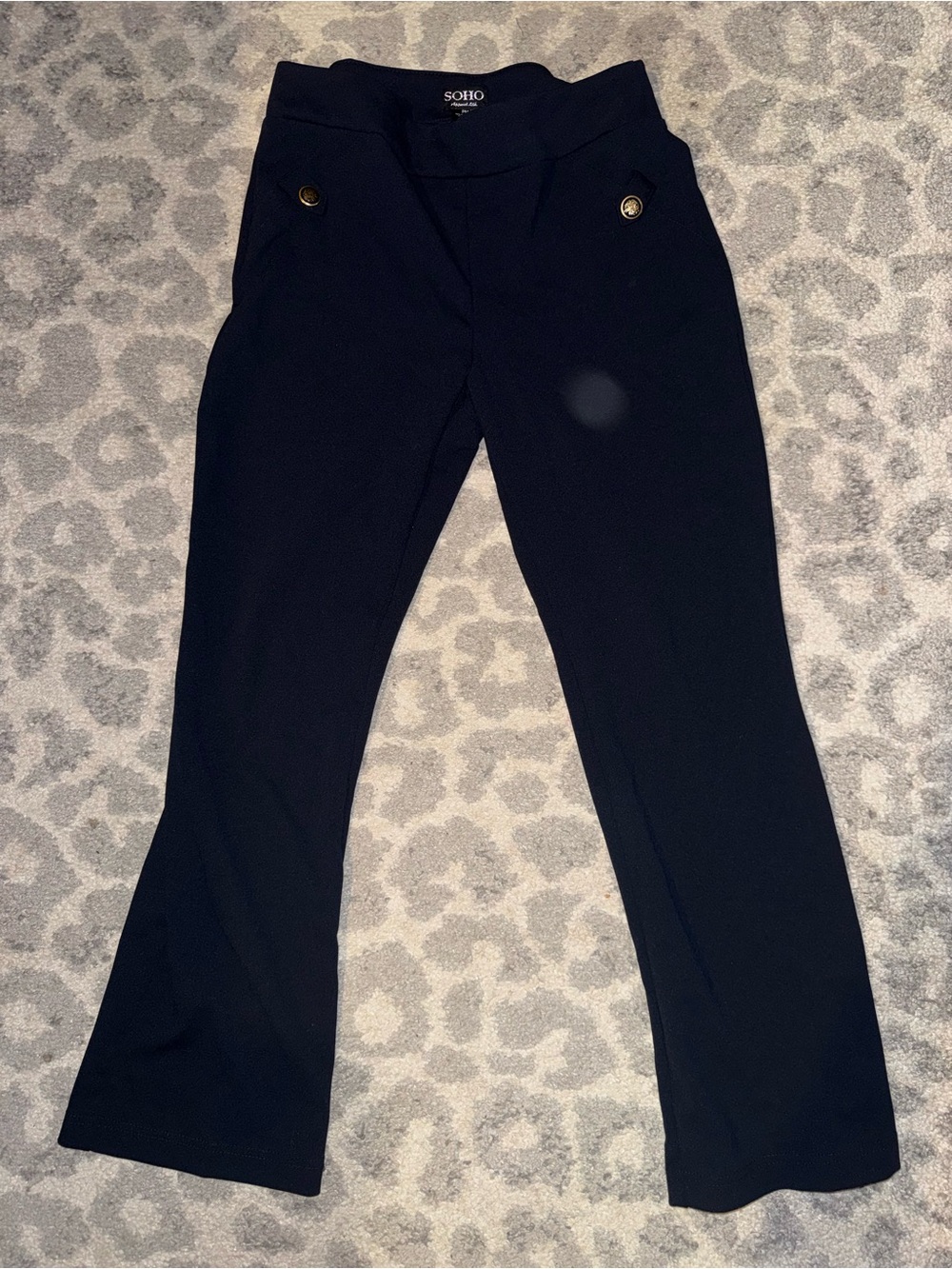 SOHO STRECH Navy Straight-Leg Pants with Gold Button Accents